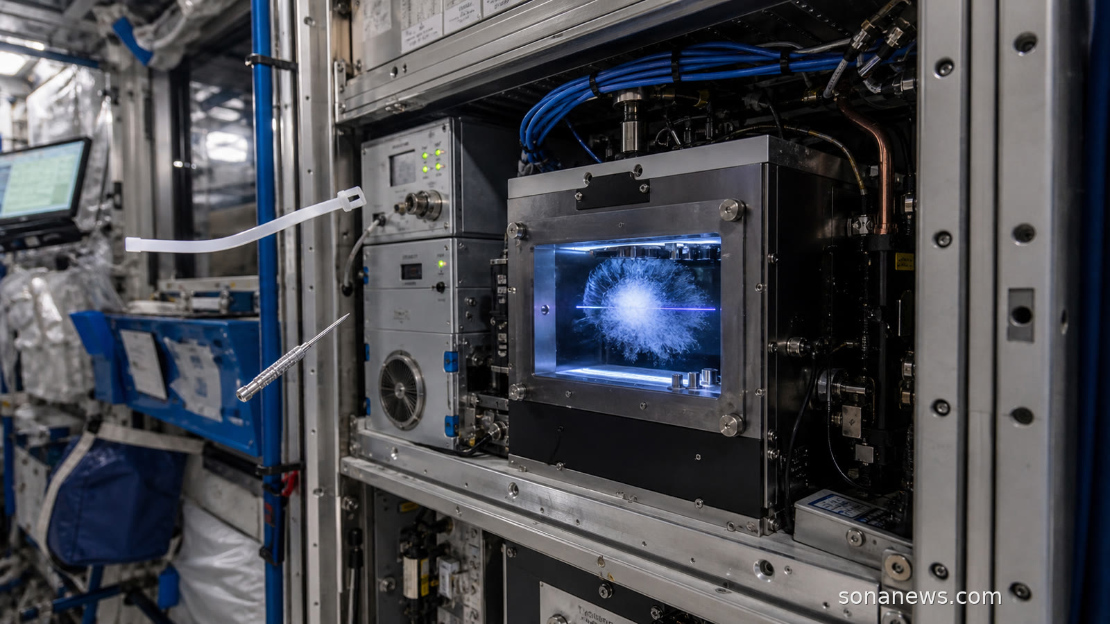 Cold Atom Lab hardware in a calm ISS rack with a subtle ultracold atom cloud visualization.