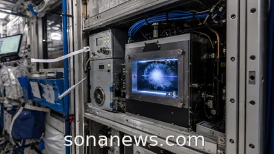 Cold Atom Lab hardware in a calm ISS rack with a subtle ultracold atom cloud visualization.