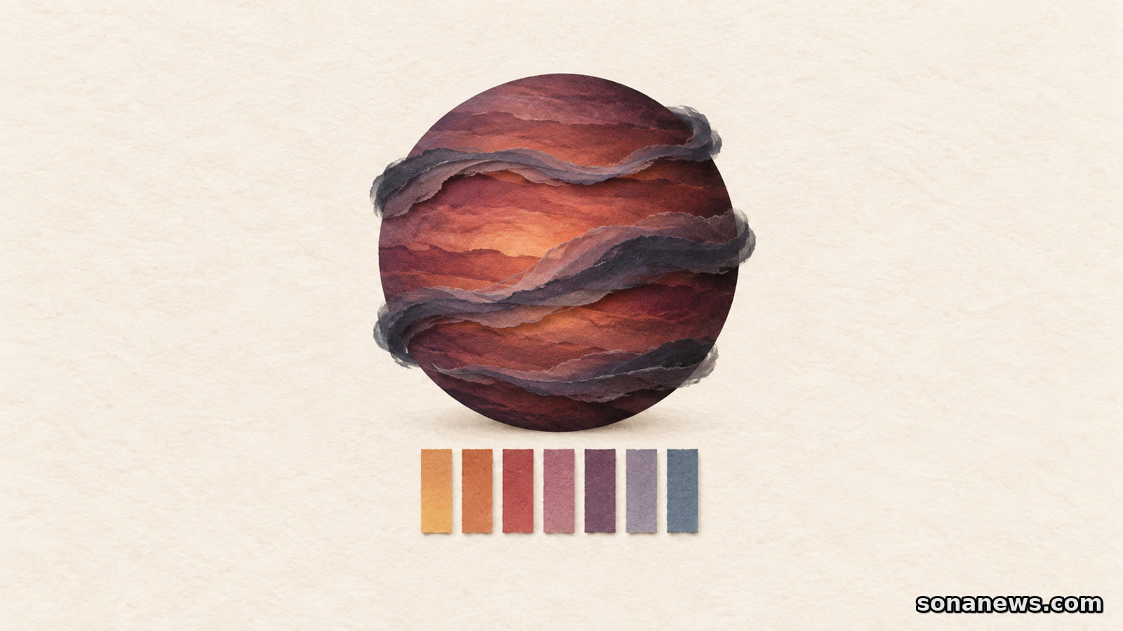 Concept illustration of a cloudy brown dwarf above separated coloured light bands, representing SPHEREx's study of atmospheric chemistry.