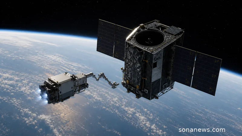 Robotic servicing spacecraft near a space telescope above Earth, illustrating NASA’s Swift Boost Mission.