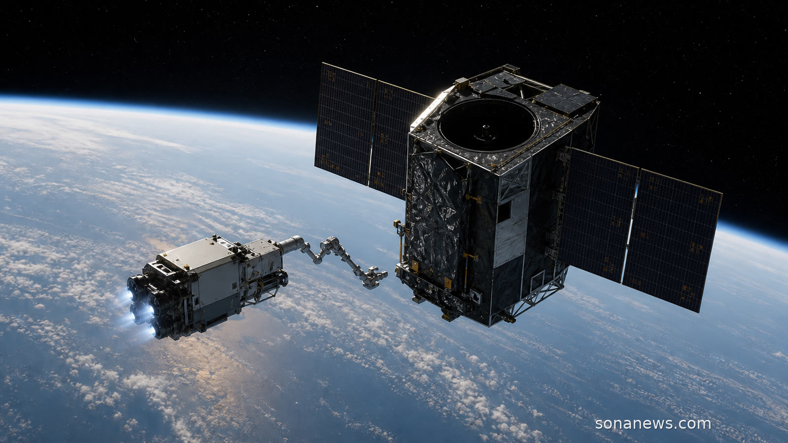 Robotic servicing spacecraft near a space telescope above Earth, illustrating NASA’s Swift Boost Mission.