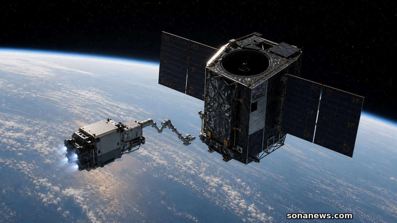 Robotic servicing spacecraft near a space telescope above Earth, illustrating NASA’s Swift Boost Mission.