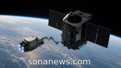 Robotic servicing spacecraft near a space telescope above Earth, illustrating NASA’s Swift Boost Mission.