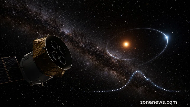 A TESS-like spacecraft watches a microlensing star field where Gaia23bra b bends light from a distant background star.