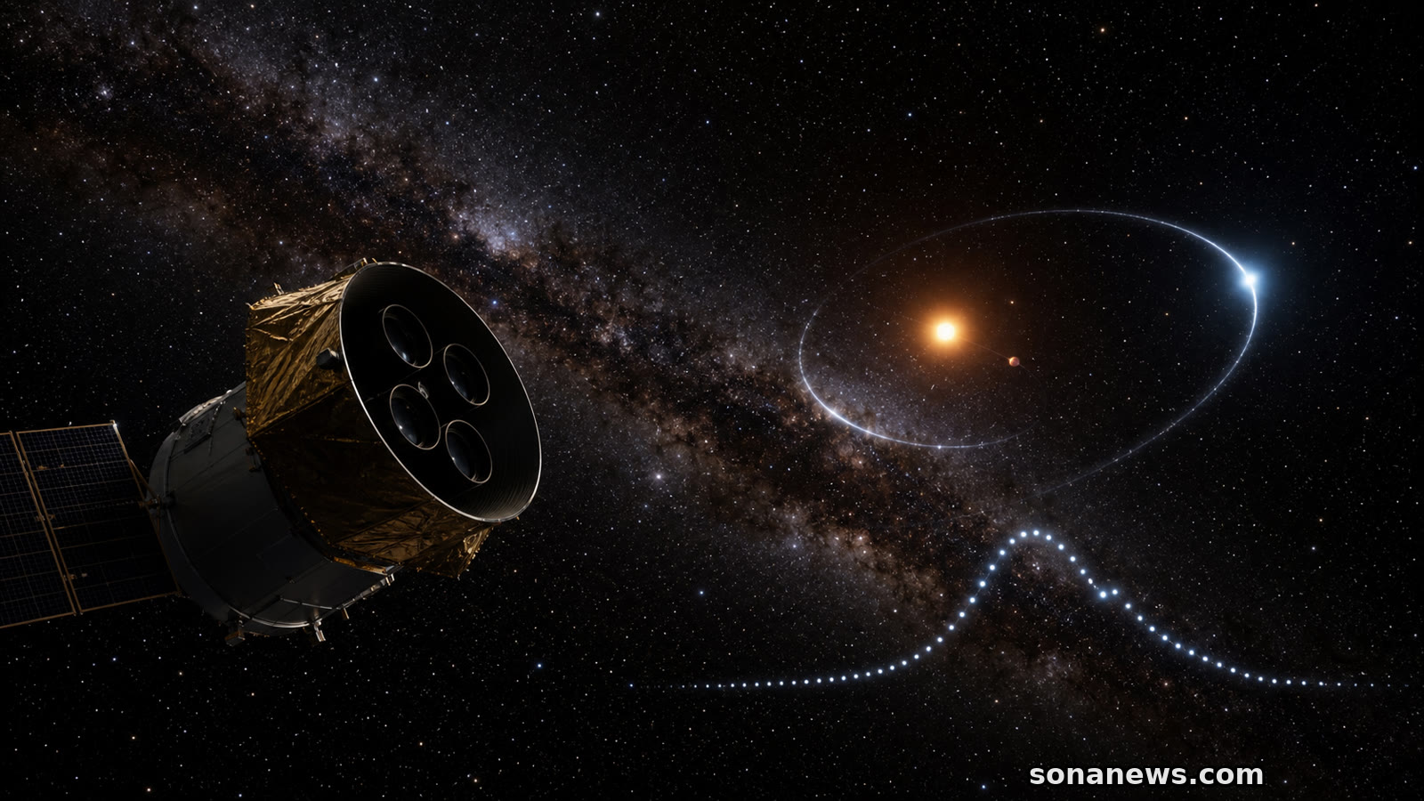 A TESS-like spacecraft watches a microlensing star field where Gaia23bra b bends light from a distant background star.