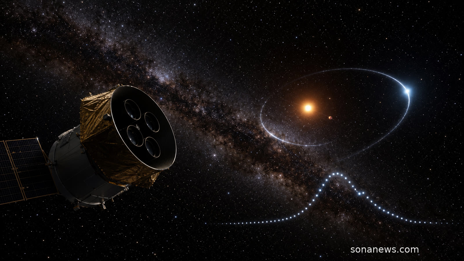 A TESS-like spacecraft watches a microlensing star field where Gaia23bra b bends light from a distant background star.