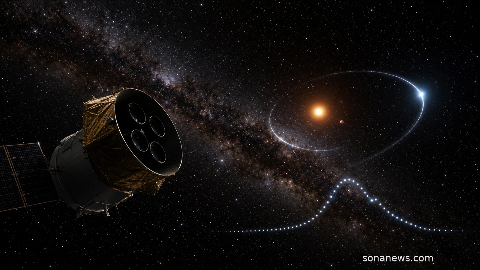 A TESS-like spacecraft watches a microlensing star field where Gaia23bra b bends light from a distant background star.