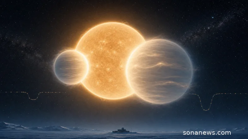 Two pale super-puff exoplanets cross a warm TOI-791-like star with a faint transit curve and Antarctic observatory below.
