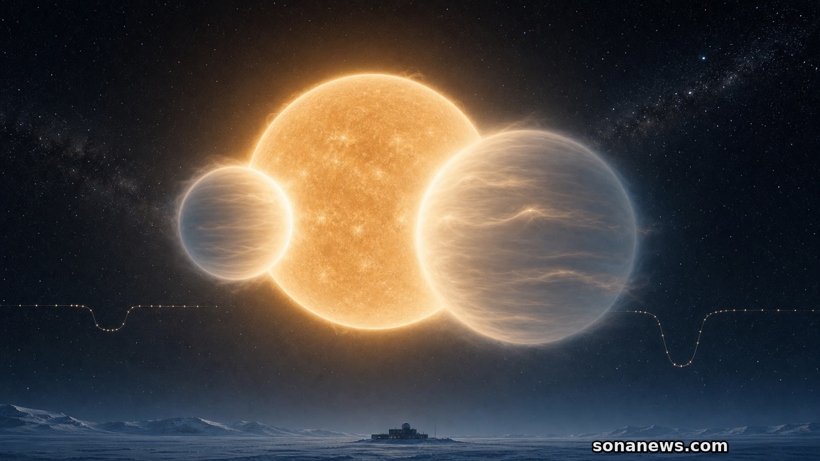 Two pale super-puff exoplanets cross a warm TOI-791-like star with a faint transit curve and Antarctic observatory below.