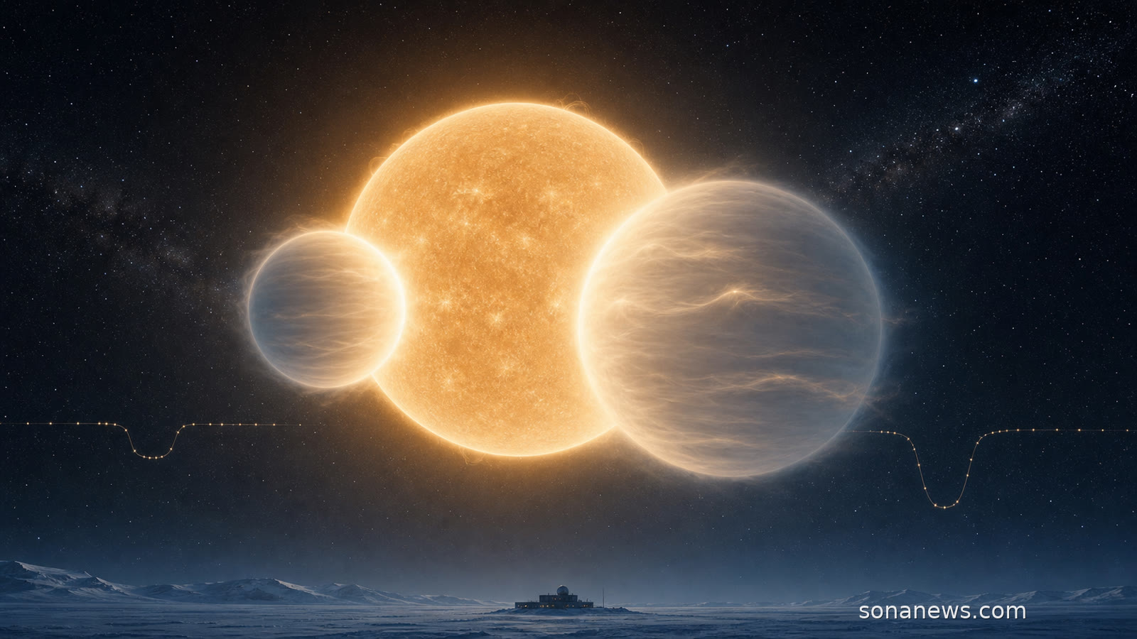 Two pale super-puff exoplanets cross a warm TOI-791-like star with a faint transit curve and Antarctic observatory below.