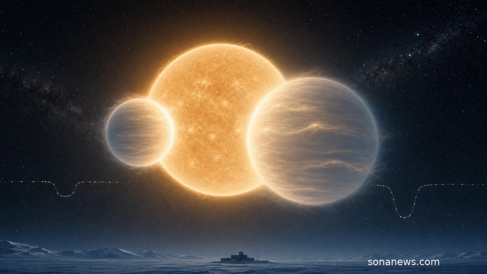 Two pale super-puff exoplanets cross a warm TOI-791-like star with a faint transit curve and Antarctic observatory below.