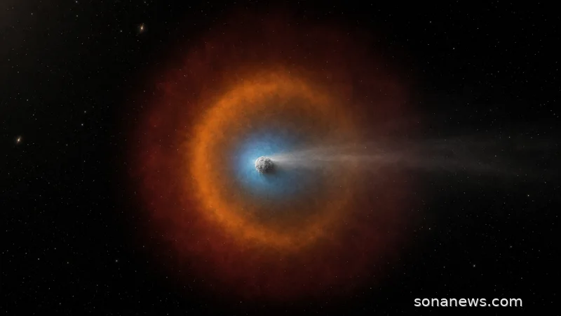 Comet 3I/ATLAS glows inside blue, orange and red Webb chemistry-map halos in deep space.