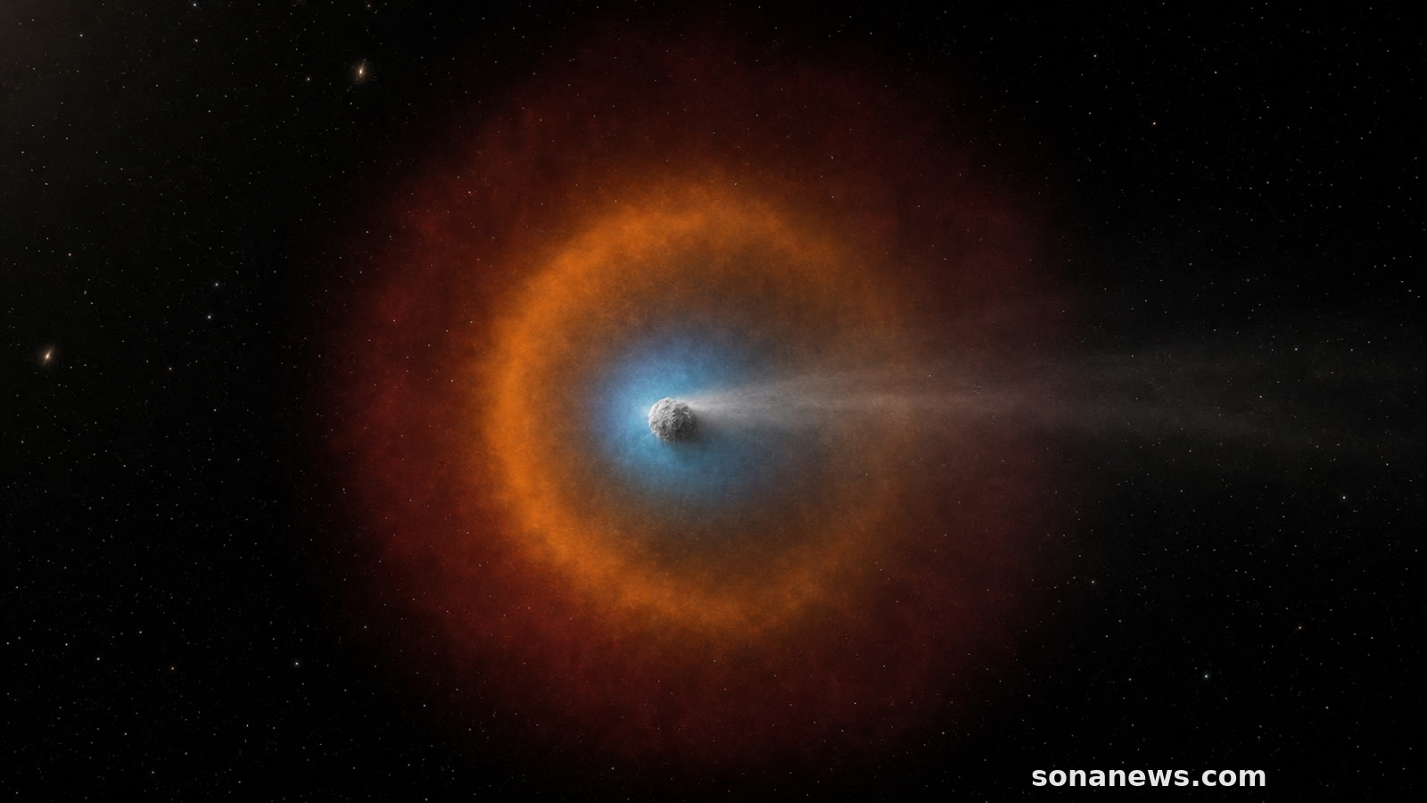 Comet 3I/ATLAS glows inside blue, orange and red Webb chemistry-map halos in deep space.