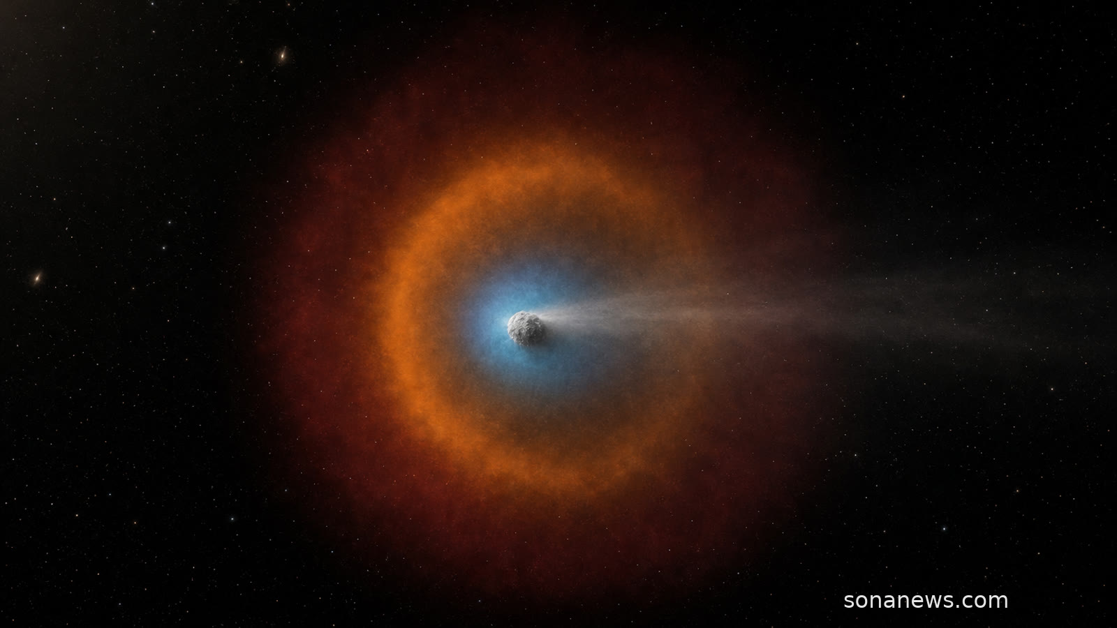Comet 3I/ATLAS glows inside blue, orange and red Webb chemistry-map halos in deep space.