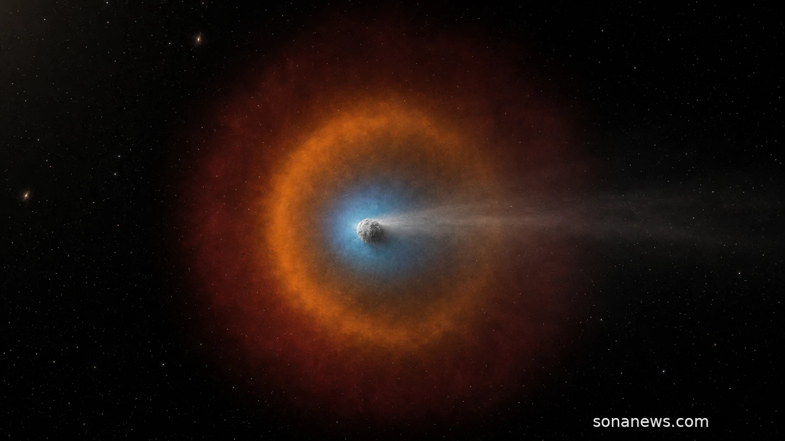 Comet 3I/ATLAS glows inside blue, orange and red Webb chemistry-map halos in deep space.