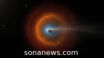 Comet 3I/ATLAS glows inside blue, orange and red Webb chemistry-map halos in deep space.