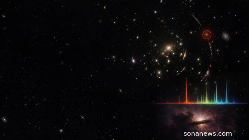 Tiny red Webb little red dot behind a lensing galaxy cluster with restrained spectral lines in deep space.