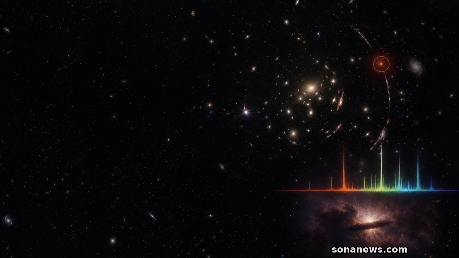 Tiny red Webb little red dot behind a lensing galaxy cluster with restrained spectral lines in deep space.