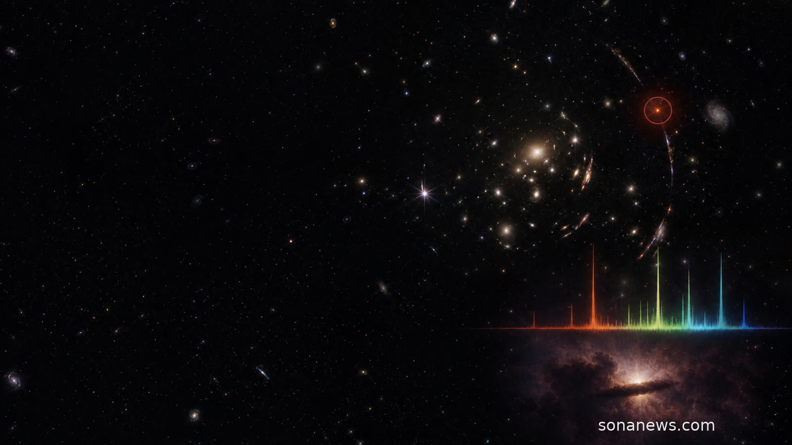 Tiny red Webb little red dot behind a lensing galaxy cluster with restrained spectral lines in deep space.