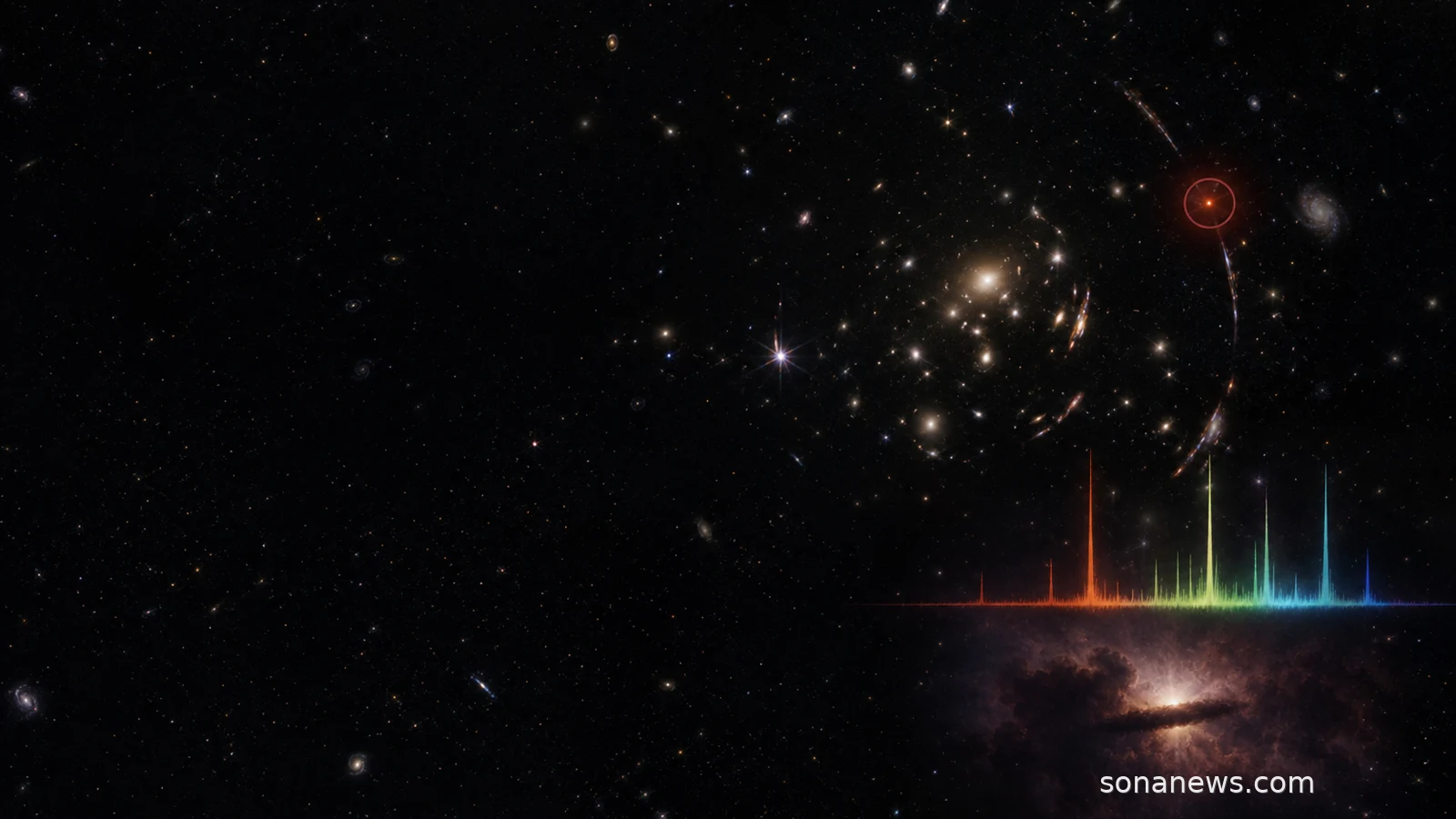 Tiny red Webb little red dot behind a lensing galaxy cluster with restrained spectral lines in deep space.