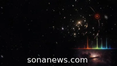Tiny red Webb little red dot behind a lensing galaxy cluster with restrained spectral lines in deep space.