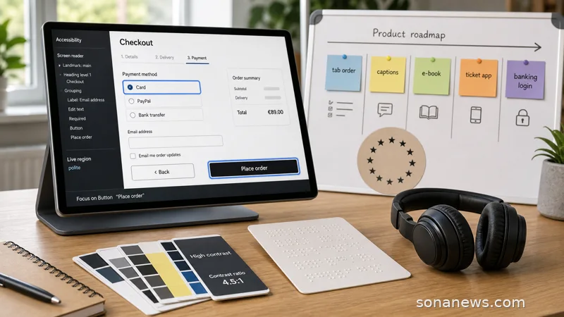 An unbranded accessibility release board shows a checkout screen, keyboard focus ring, contrast checks and European Accessibility Act testing notes.