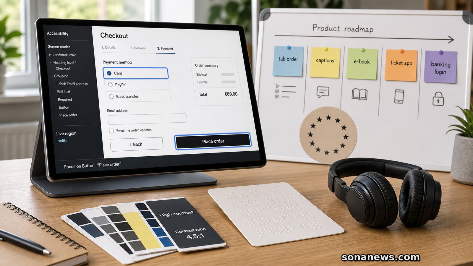 An unbranded accessibility release board shows a checkout screen, keyboard focus ring, contrast checks and European Accessibility Act testing notes.