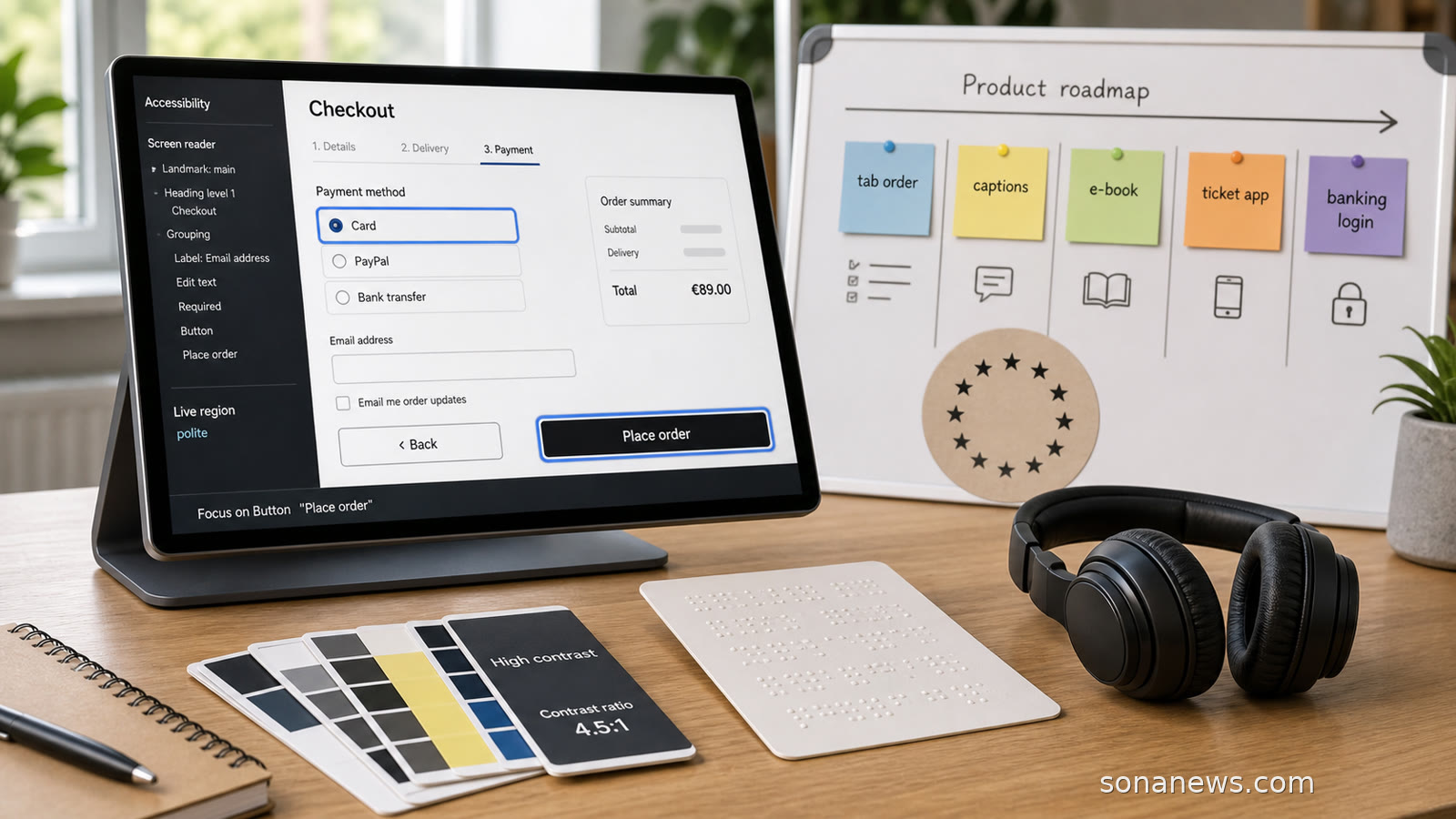 An unbranded accessibility release board shows a checkout screen, keyboard focus ring, contrast checks and European Accessibility Act testing notes.