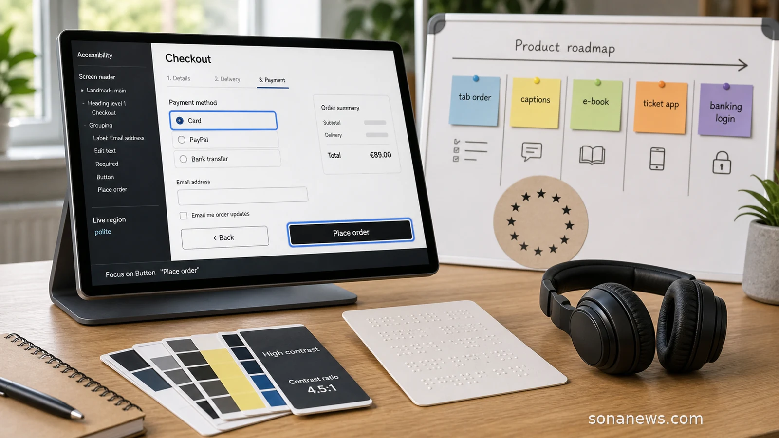 An unbranded accessibility release board shows a checkout screen, keyboard focus ring, contrast checks and European Accessibility Act testing notes.