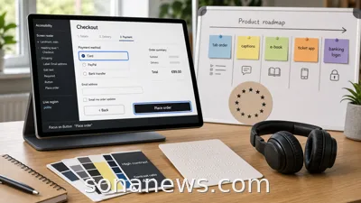 An unbranded accessibility release board shows a checkout screen, keyboard focus ring, contrast checks and European Accessibility Act testing notes.
