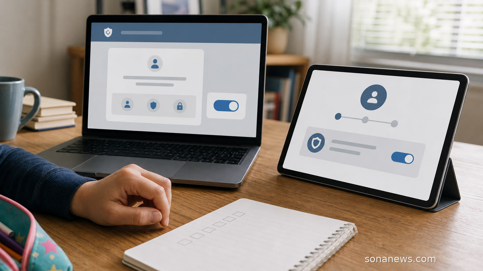 A laptop and tablet show abstract age assurance settings for online safety and privacy.