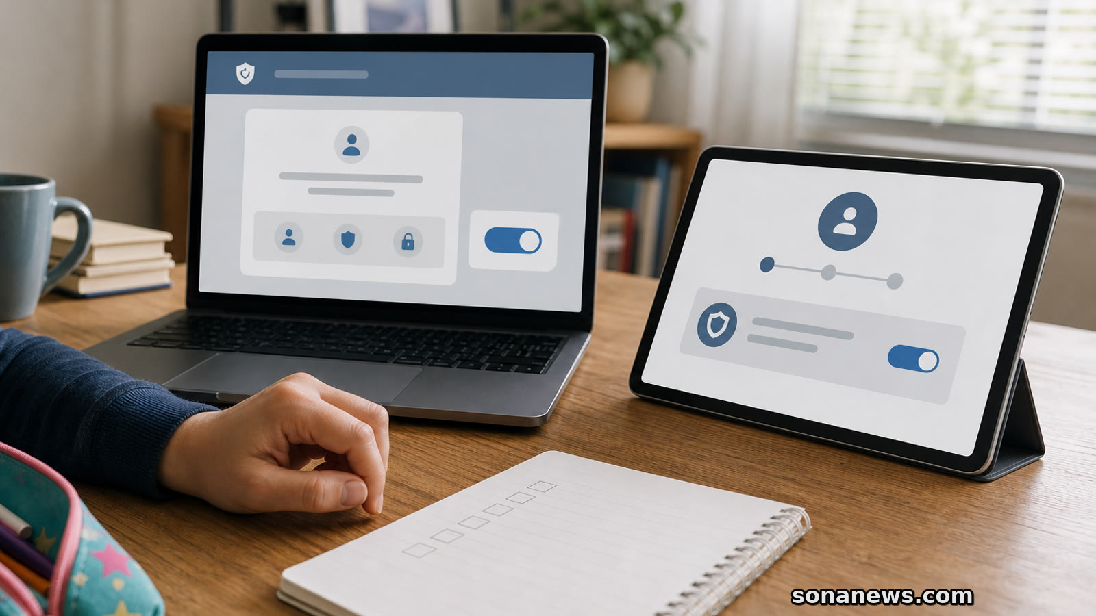 A laptop and tablet show abstract age assurance settings for online safety and privacy.