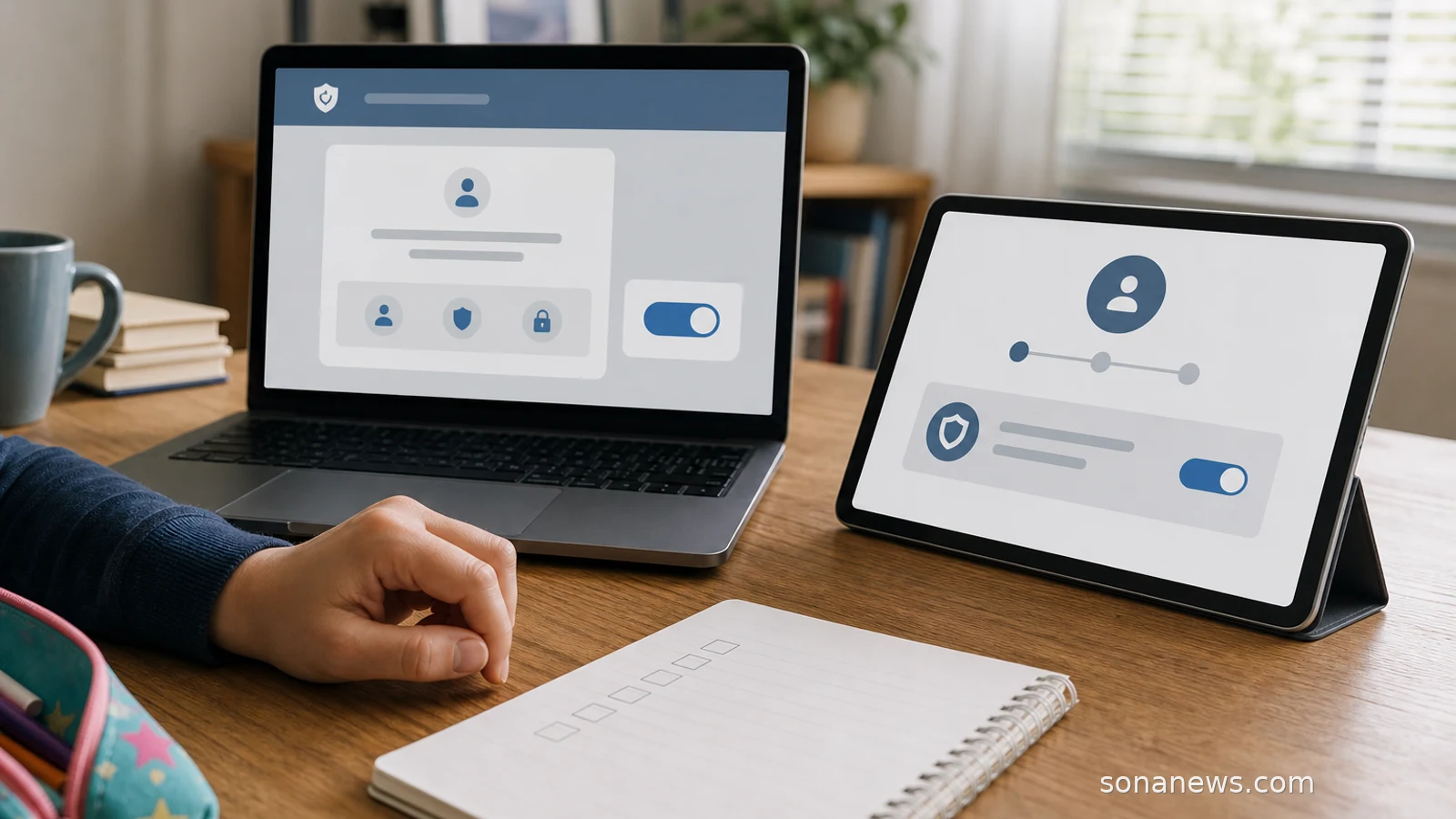 A laptop and tablet show abstract age assurance settings for online safety and privacy.