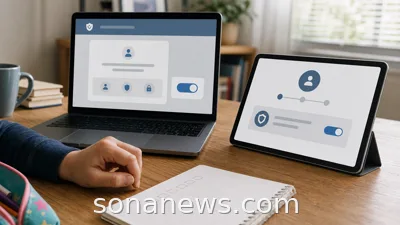 A laptop and tablet show abstract age assurance settings for online safety and privacy.