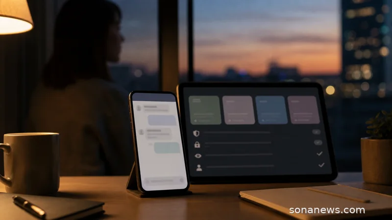 Smartphone with a blurred AI companion chat beside subscription and privacy checklist screens, illustrating the AI girlfriend app market.
