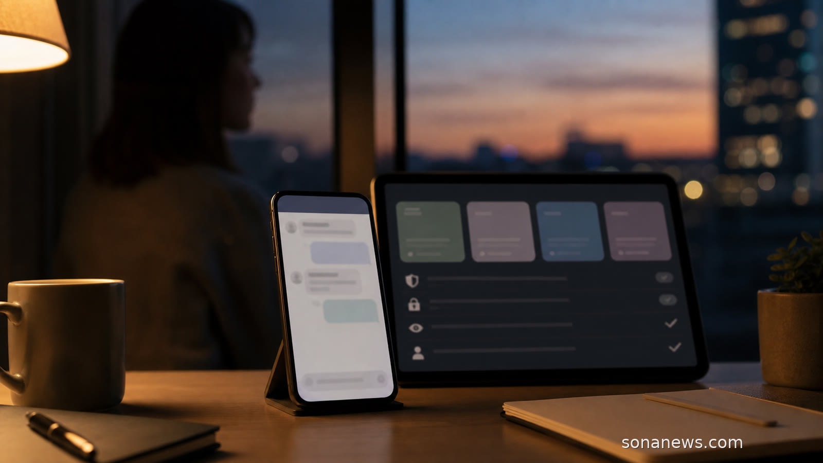 Smartphone with a blurred AI companion chat beside subscription and privacy checklist screens, illustrating the AI girlfriend app market.