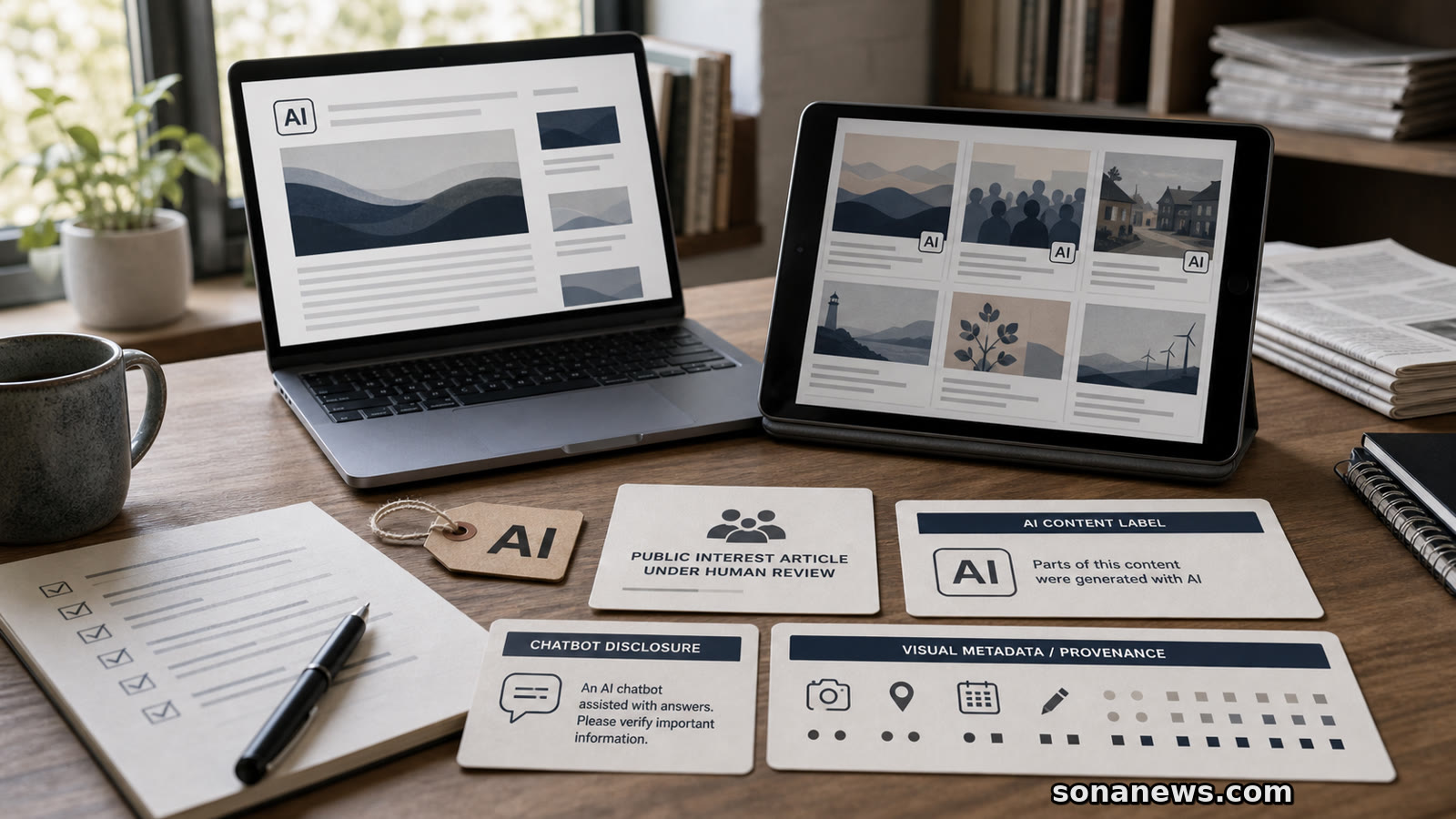 A newsroom review desk shows AI content label badges, a metadata strip and a public-interest article card on unbranded screens.