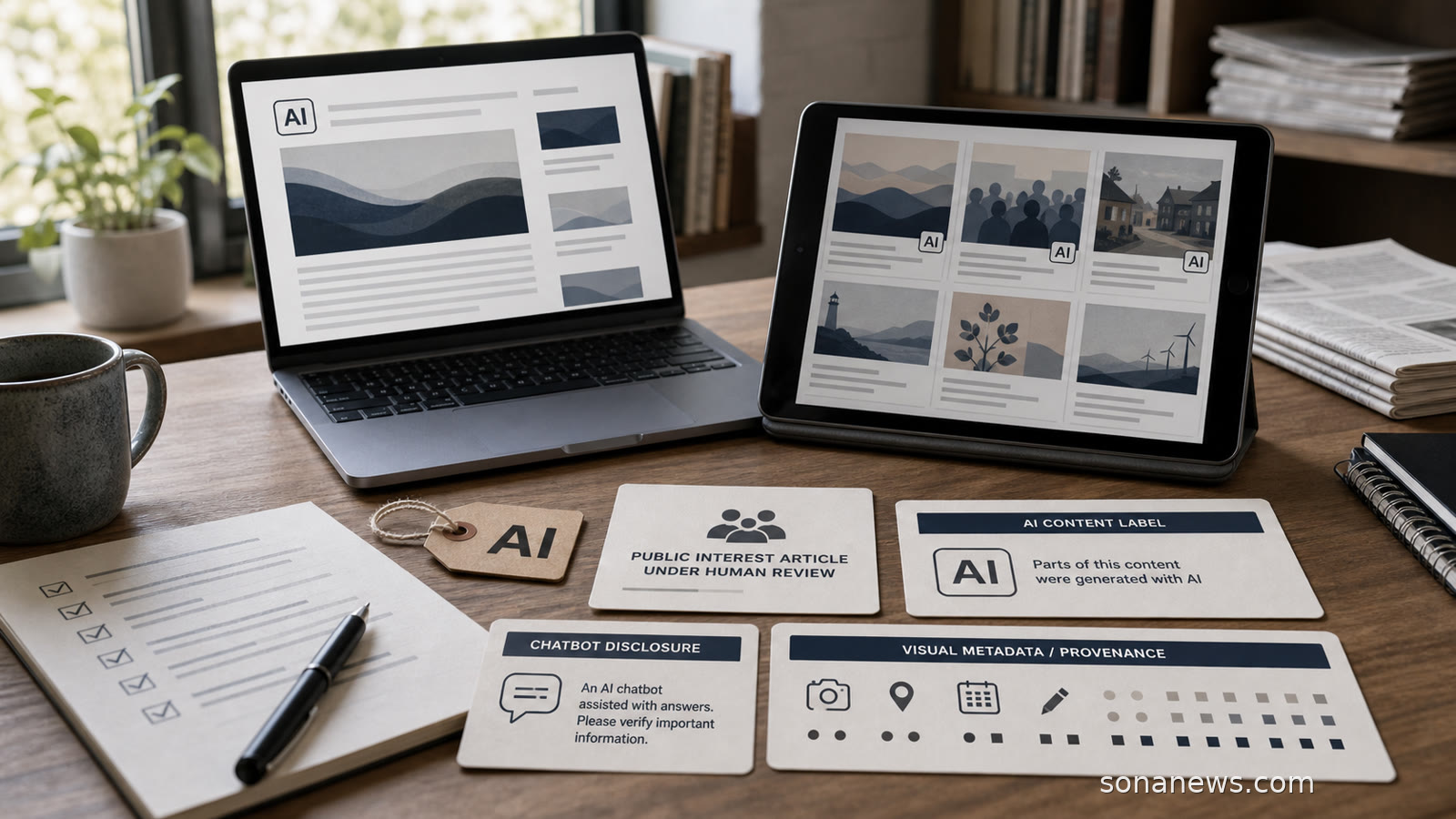 A newsroom review desk shows AI content label badges, a metadata strip and a public-interest article card on unbranded screens.