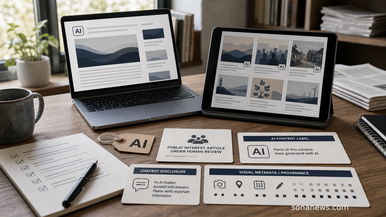 A newsroom review desk shows AI content label badges, a metadata strip and a public-interest article card on unbranded screens.