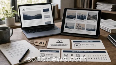 A newsroom review desk shows AI content label badges, a metadata strip and a public-interest article card on unbranded screens.