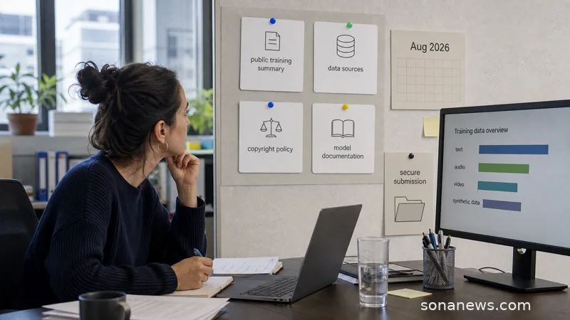 An unbranded AI model release board shows training summary, data source and copyright policy notes beside an August 2026 calendar card.