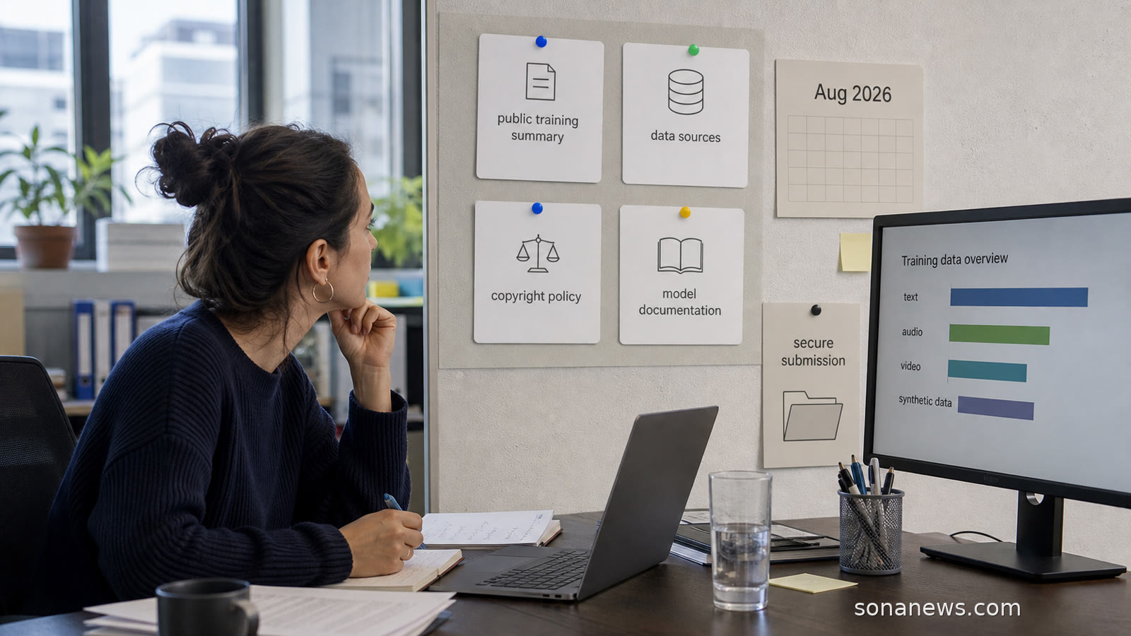 An unbranded AI model release board shows training summary, data source and copyright policy notes beside an August 2026 calendar card.