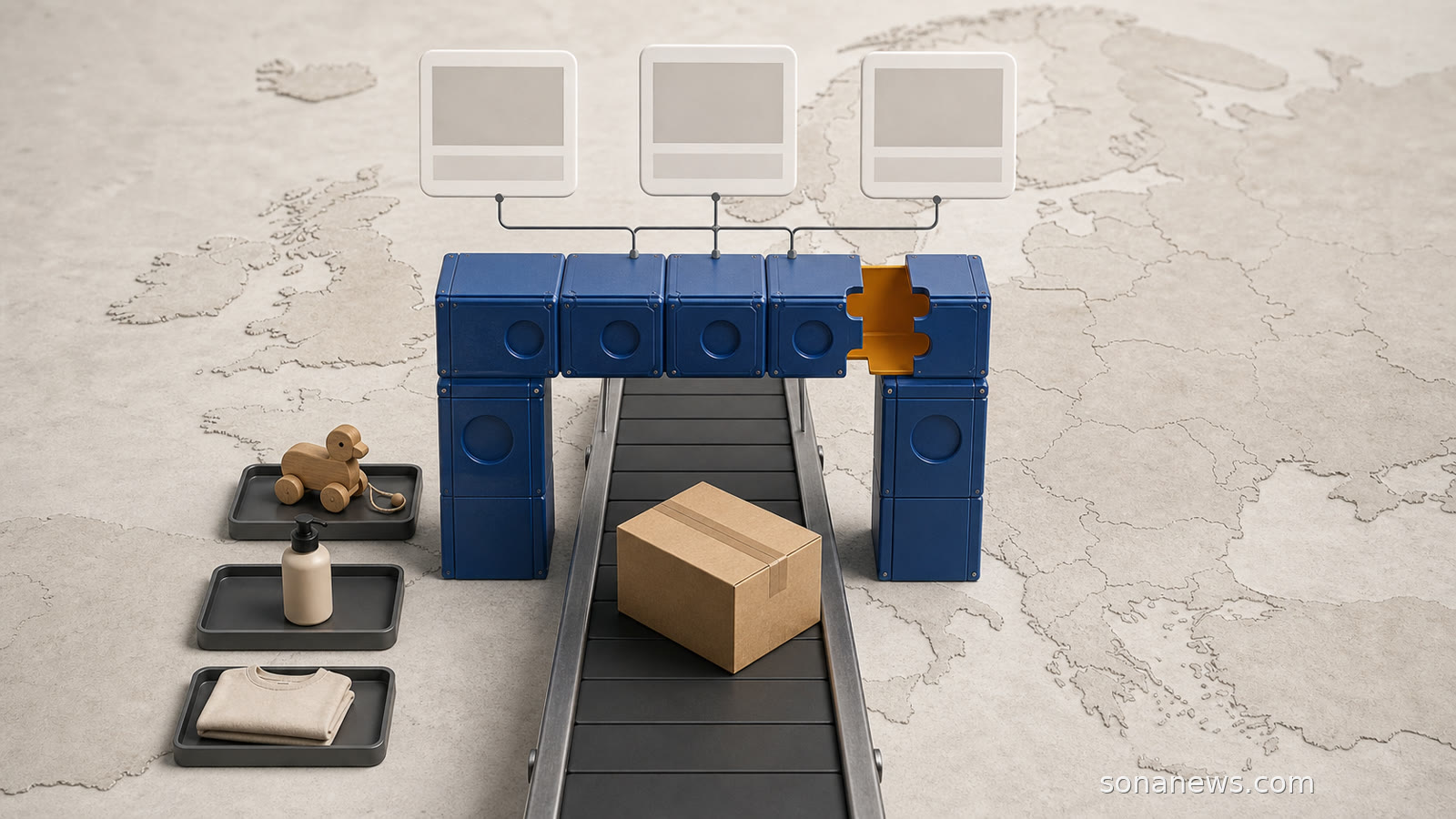 A marketplace parcel approaches an incomplete risk-control gate beside unbranded toys, cosmetics and clothing in an EU enforcement illustration.