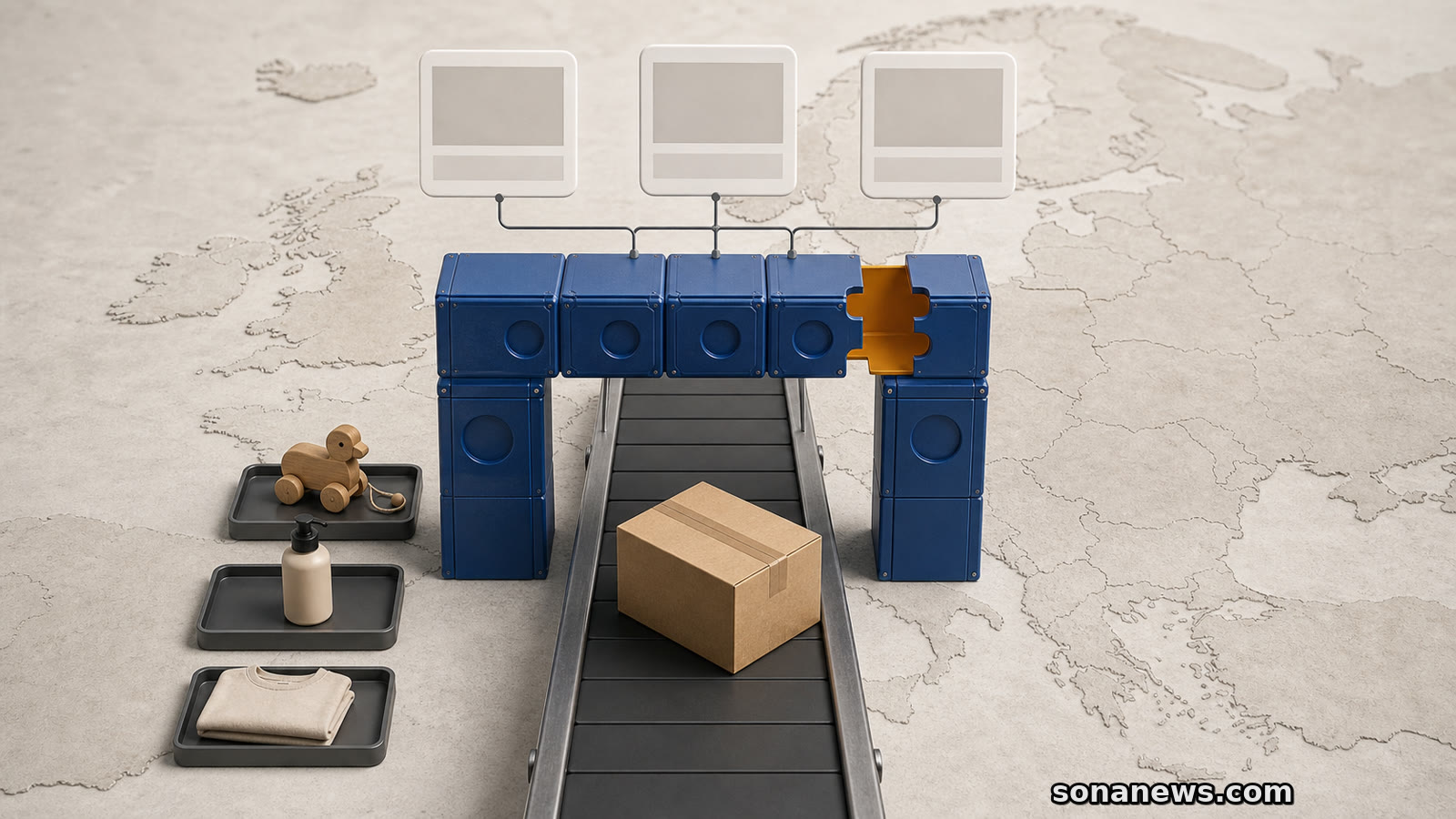 A marketplace parcel approaches an incomplete risk-control gate beside unbranded toys, cosmetics and clothing in an EU enforcement illustration.
