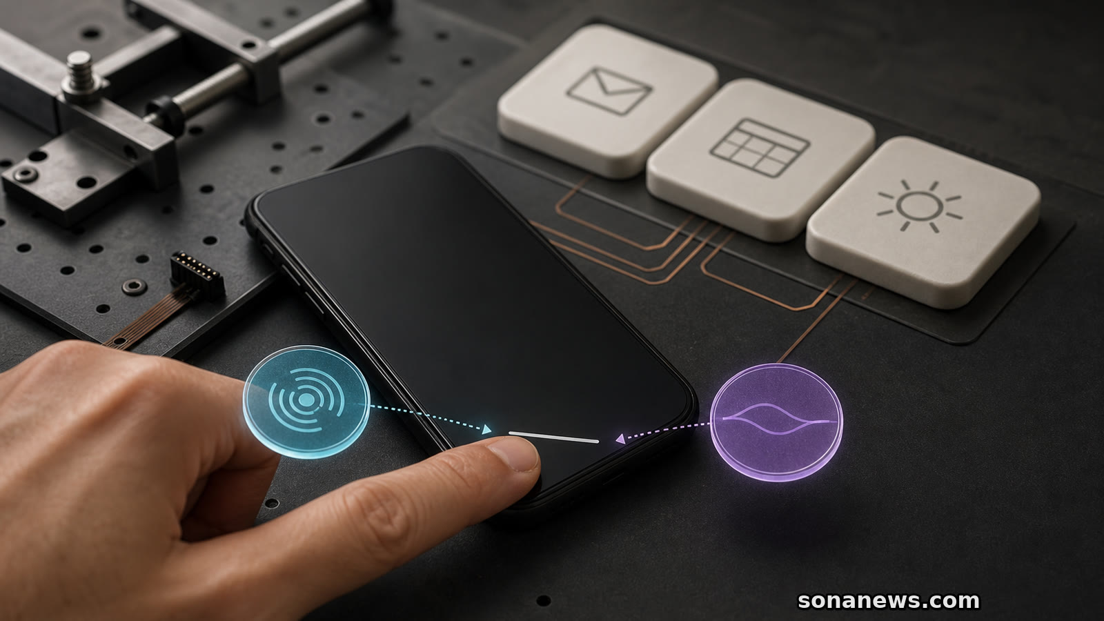 A fingertip presses an unbranded smartphone navigation handle as two AI assistant modules connect to email, calendar and brightness controls.
