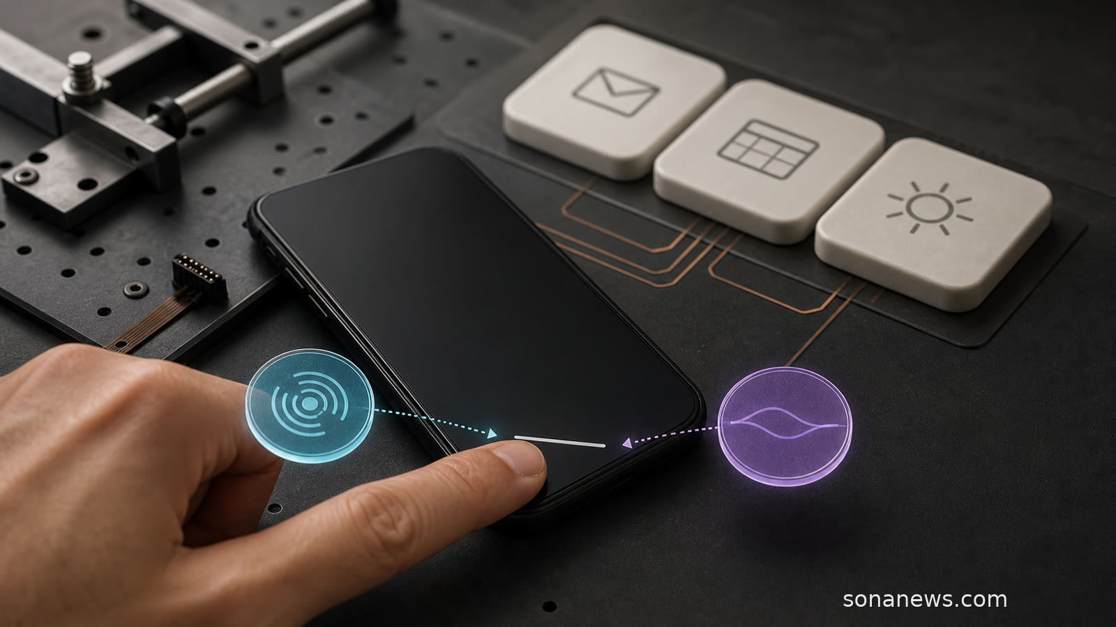 A fingertip presses an unbranded smartphone navigation handle as two AI assistant modules connect to email, calendar and brightness controls.