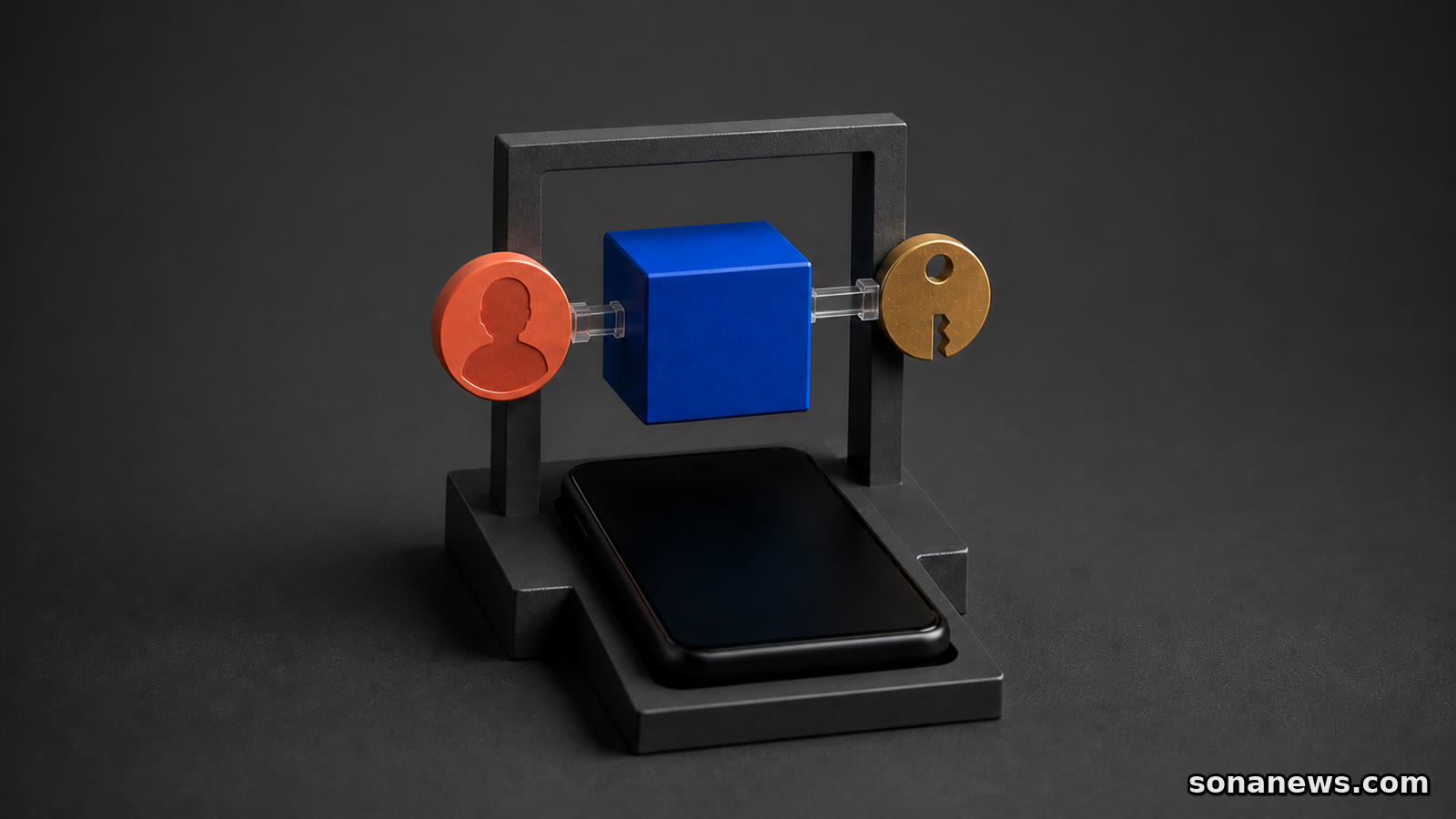 Conceptual Android app verification checkpoint linking a package to an identity medallion and signing-key token above a phone