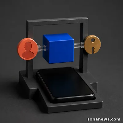 Conceptual Android app verification checkpoint linking a package to an identity medallion and signing-key token above a phone