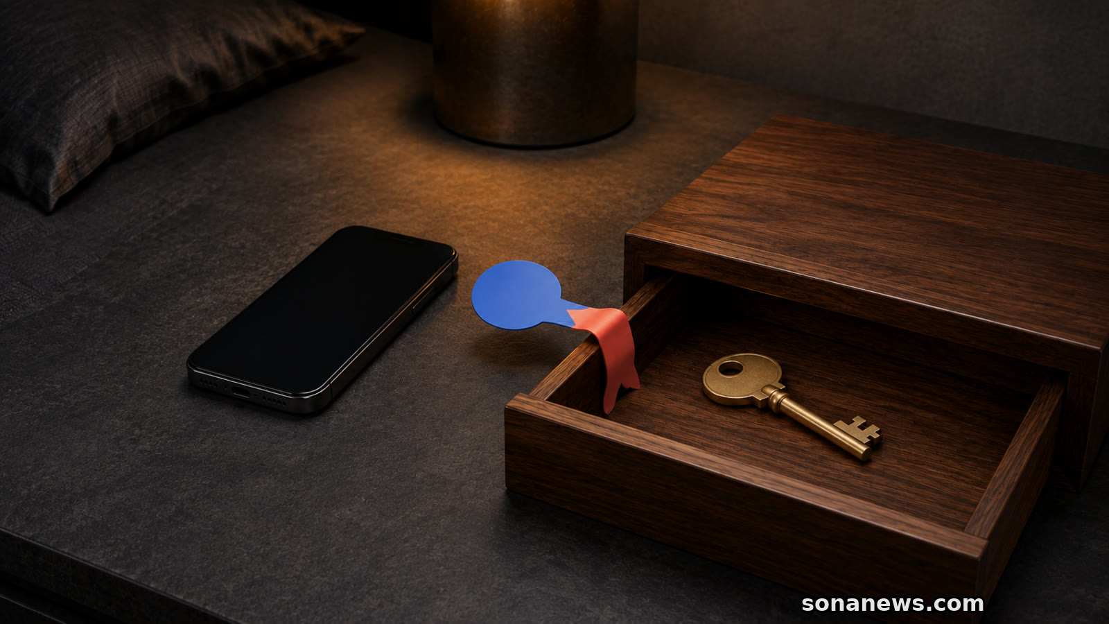 Conceptual Android Find Hub memory turning a phone's speech token into a drawer tab beside an untagged spare key