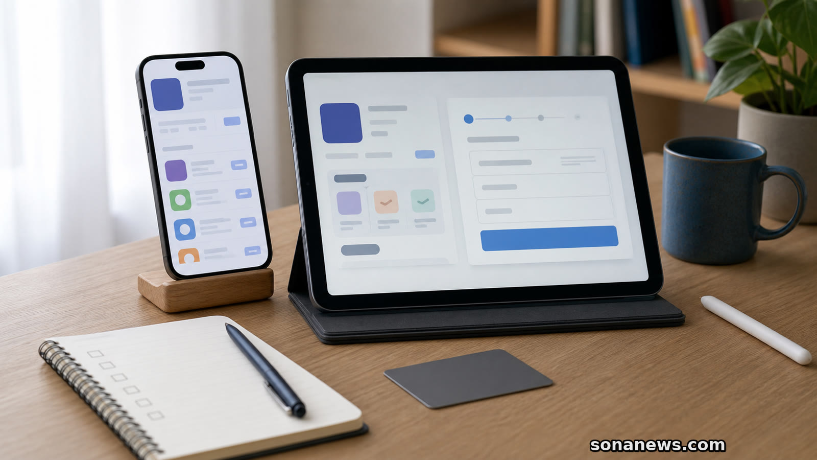A phone and tablet show abstract app store checkout choices with external payment disclosures.